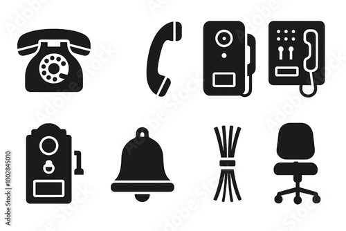 Historic Telephony Icons. Solid style icons of Historic Telephony: Rotary Dial, Handset, Wall Phone, Switchboard, Wooden Box, Bell