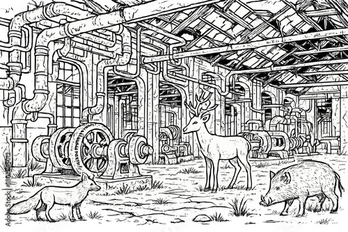 Abandoned Factory Wildlife. Rusting factory with broken pipes, collapsed roof, wild animals wandering among machines, black and