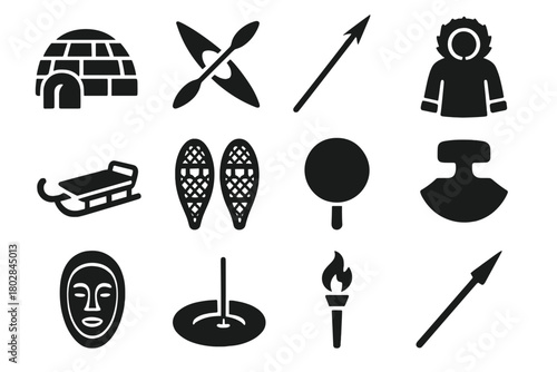 Inuit Culture Icons. Solid style icons of Inuit culture: igloo, kayak, harpoon, fur parka, sled, snowshoes, drum, ulu knife, mask,