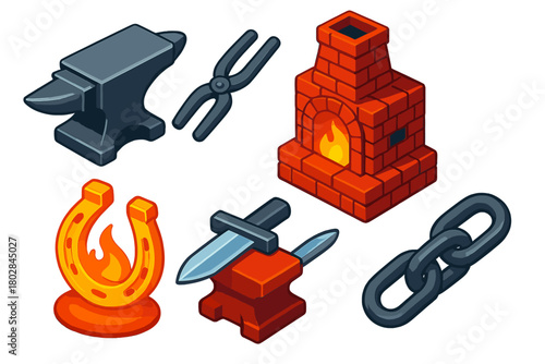 Medieval Blacksmith Tools. Isometric vector illustration set Medieval Smithy: iron anvil, gripping tongs, brick forge, glowing