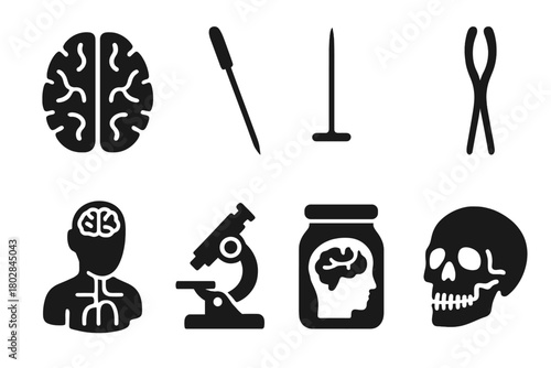 Early Brain Experiment Icons. Solid style icons of Early Brain Experiments: Brain Slice, Orbitoclast, Ice Pick, Forceps,