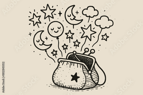 Magical Reticule Unveiled. A doodle scene of a magical reticule opening to reveal glowing stars, happy moons, and tiny clouds