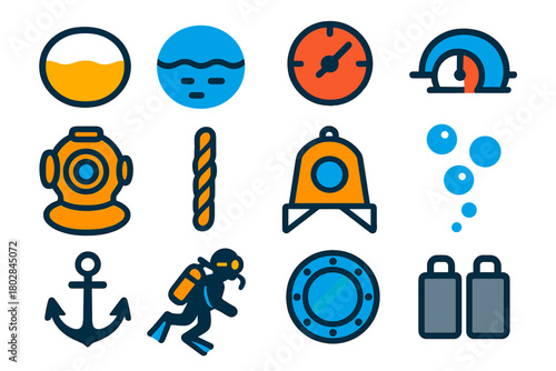 Diving Bell Icons. Flat vector icons of Diving Bell: air pocket, ocean, pressure, surface, helmet, rope, metal frame, bubbles,