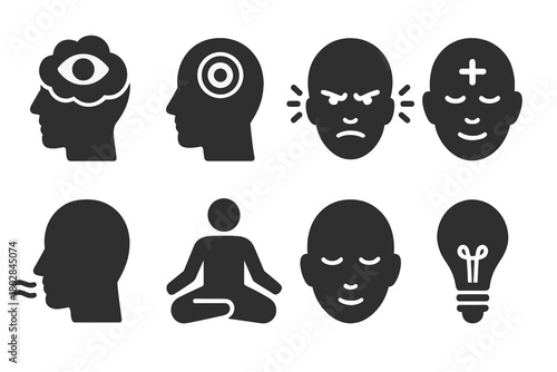 Mental Training Icons. Solid style icons of Mental Training: Visualization, Focus, Concentration, Calm Mind, Breathing, Meditation
