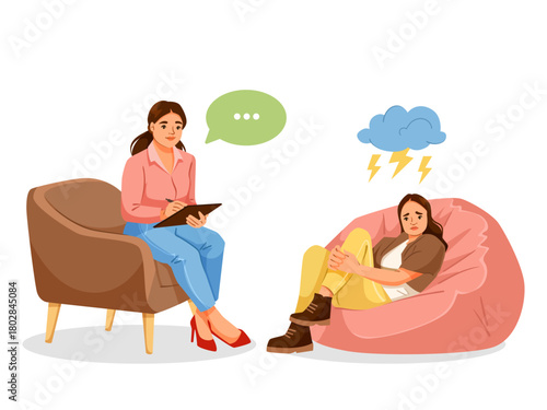 Female therapist speaking to a sad woman on a bean bag, cartoon style on white background. Concept of mental health support. Vector illustration