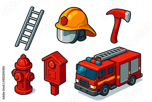 Urban Firefighting Icons. Isometric vector illustration set Urban Fire Department: steel ladder, polished helmet, axe, fire