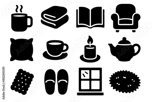 Tea Time Essentials. Solid style icons of tea relaxation: steaming mug, cozy blanket, reading book, armchair, pillow, teacup on