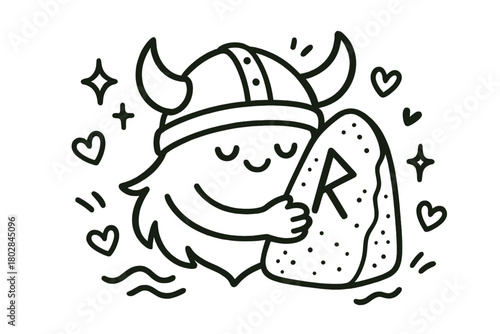 Helmet Hugging Rune Stone. Sweet doodle vector illustration of a helmet hugging a rune stone, surrounded by doodle sparkles, waves