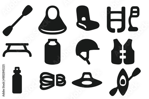Kayak Accessories Icons. Solid style icons of Kayak Accessories: Paddle, Spray Skirt, Seat, Footrest, Roof Rack, Dry Bag, Helmet,