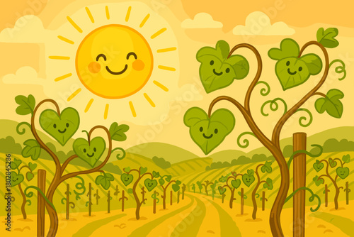 Cheerful Vineyard Sun. Smiling sun shining over a vineyard, vines forming little heart shapes with cheerful faces