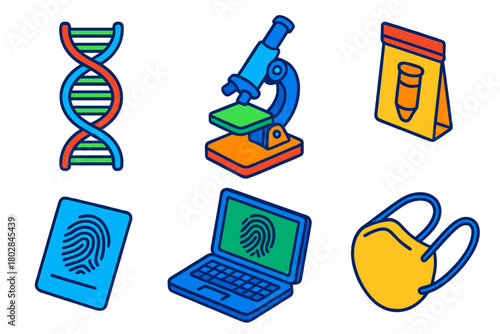 Forensic Science Icons. Isometric vector illustration set Scientific Forensics: DNA helix spiral, slide microscope, small evidence