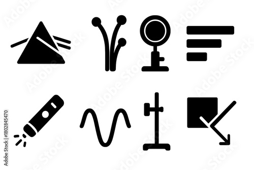 Scientific Light Tools Icons. Solid style icons of Scientific Light Tools: Glass Prism, Optical Fiber, Mounted Lens, Spectrum
