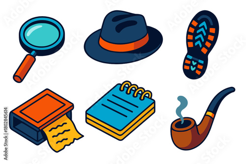 Detective Tools Icons. Isometric vector illustration set Detective Tools: magnifying glass, classic fedora hat, shoe footprint,