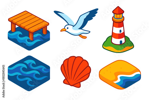 Coastal Icons. Isometric vector illustration set Coastal View: wooden pier, flying seagull, rolling waves, seashell, lighthouse,