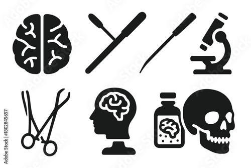Early Brain Experiment Icons. Solid style icons of Early Brain Experiments: Brain Slice, Orbitoclast, Ice Pick, Forceps,