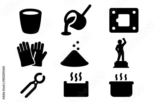 Metal Casting Icons. Solid style icons of metal casting: crucible, molten pour, mold frame, protective gloves, casting sand,