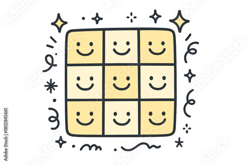 Friendly Grid of Smiles. Adorable doodle vector design of a friendly digital grid with smiling faces in its squares, decorated