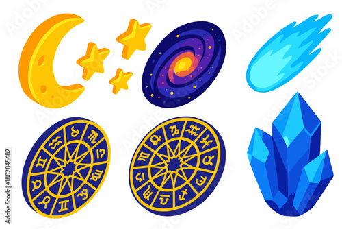 Celestial Symbol Icons. Isometric vector illustration set Celestial Symbols: half moon, golden stars, glowing galaxy, icy comet,