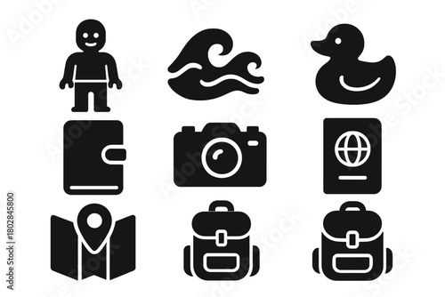 Mini Adventure Icons. Solid style icons of Mini Adventure Stories: Toy Figure, Ocean Current, Rubber Duck, Journal, Camera,