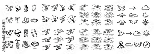 Hand-drawn paragliding icons set