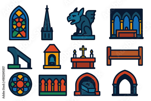 Gothic Cathedral Icons. Flat vector icons of Gothic Cathedral: stained glass, spire, gargoyle, nave, flying buttress, bell tower,