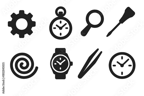 Watchmaking Icon Set. Solid style icons of Watchmaking: Gear, Pocket Watch, Loupe, Screwdriver, Mainspring, Timepiece, Tweezers,