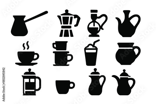 Global Coffee Icons. Solid style icons of global coffee culture: Turkish coffee pot, Italian moka, Japanese siphon, Ethiopian