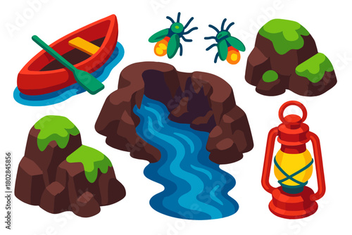 Subterranean River Adventure. Isometric vector illustration set Subterranean River: Canoe, Water Stream, Bioluminescent Insects,