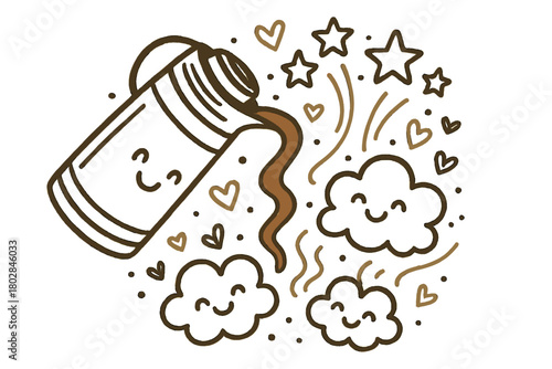 Cheerful Thermos Magic. Charming doodle vector composition of a cheerful thermos pouring hot cocoa with smiling steam clouds
