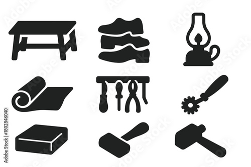 Shoemaker's Workshop Icons. Solid style icons of Shoemaker’s Workshop: Wooden Bench, Pile of Shoes, Old Lamp, Leather Roll, Tool