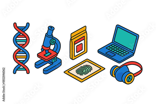 Forensic Science Icons. Isometric vector illustration set Scientific Forensics: DNA helix spiral, slide microscope, small evidence
