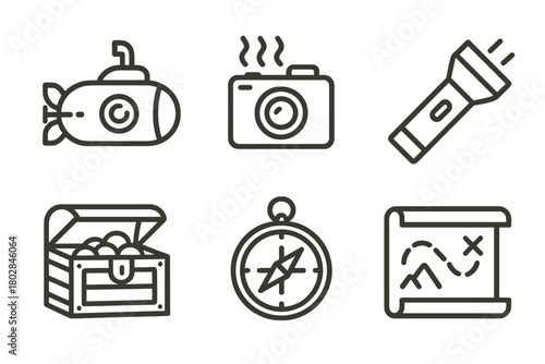 Underwater Exploration Icons. Line style icons of underwater exploration: submarine, underwater camera, flashlight, treasure chest