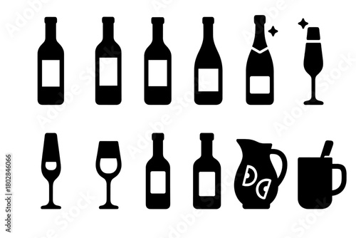 Solid Wine Icons. Solid style icons of wine varieties: red bottle, white bottle, rosé bottle, sparkling bottle, champagne flute,
