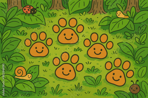 Cheerful Forest Floor. Smiling paw prints scattered across a cheerful doodle forest floor, tiny critters peeking from leaves