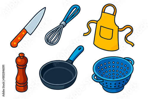 Colorful Kitchen Icons. Isometric vector illustration set Professional Kitchen: stainless chef’s knife, wire whisk, clean apron,
