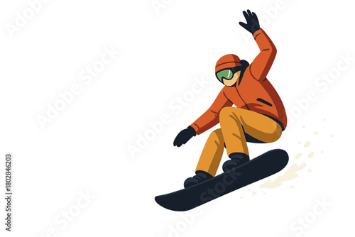 A snowboarder leaps high against a clear blue sky, embodying fun, sport, courage, adventure, danger, and extreme, with ample copy space on the left