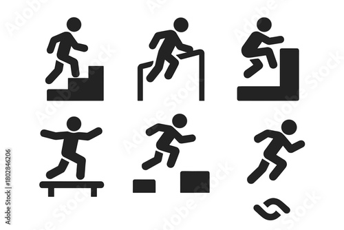 Urban Movement Icons. Solid style icons of Urban Movement: Staircase, Rail, Wall, Ledge, Balance, Jump, Run, Flow Symbol, No text,