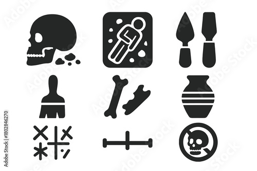 Archaeological Medicine Icons. Solid style icons of Archaeological Medicine: Excavated Skull, Burial Site, Ancient Tools, Brush,