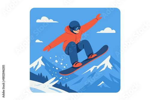 A snowboarder takes off on winter mountains beneath a clear blue sky, exemplifying extreme sport during the vacation season