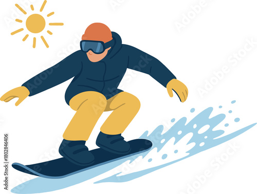 A snowboarder splashes snow on the slope during a sunny winter day