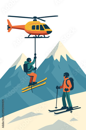 A helicopter transports freeriders up the mountain for an extreme skiing adventure, created with  tools