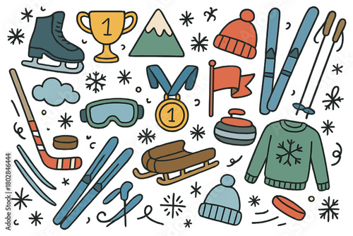A doodle cartoon set featuring winter sports equipment and symbols