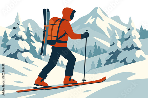 A mountaineer and backcountry ski alpinist traverses snowy mountain trails, skiing through alpine landscapes dotted with frosted trees, embodying the spirit of adventure in winter sports