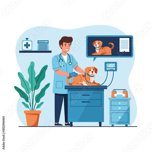 Veterinarian examining a dog on a table in a clinic.