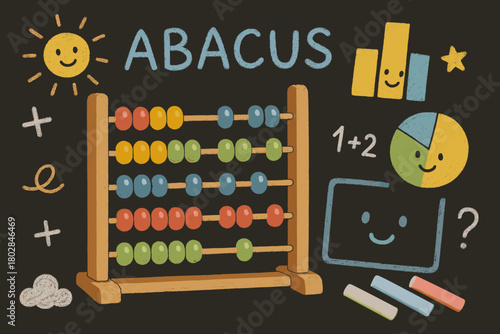 Charming Abacus Tutorial. Adorable abacus tutorial setup with smiling charts, doodle symbols, and little chalk pieces