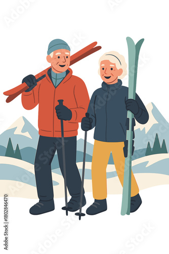 An active senior couple with skis in the Alps,