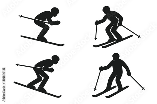 Vector-designed set of skier silhouette icons showing various skiing poses for winter sports