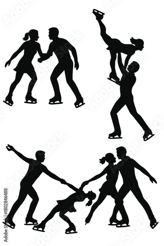 Illustration of pair skaters in various poses, silhouettes of people ice skating, a winter sports vector set featuring a couple skating