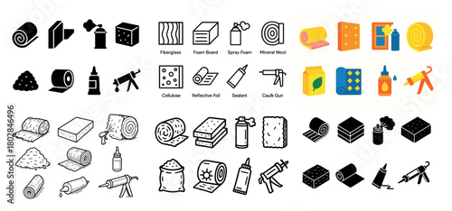 Building insulation materials icons set