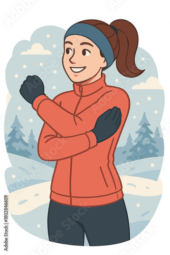 A young, satisfied, smiling, motivated, and focused sporty girl with a ponytail, warming up in winter sportswear amid snowy nature in the morning